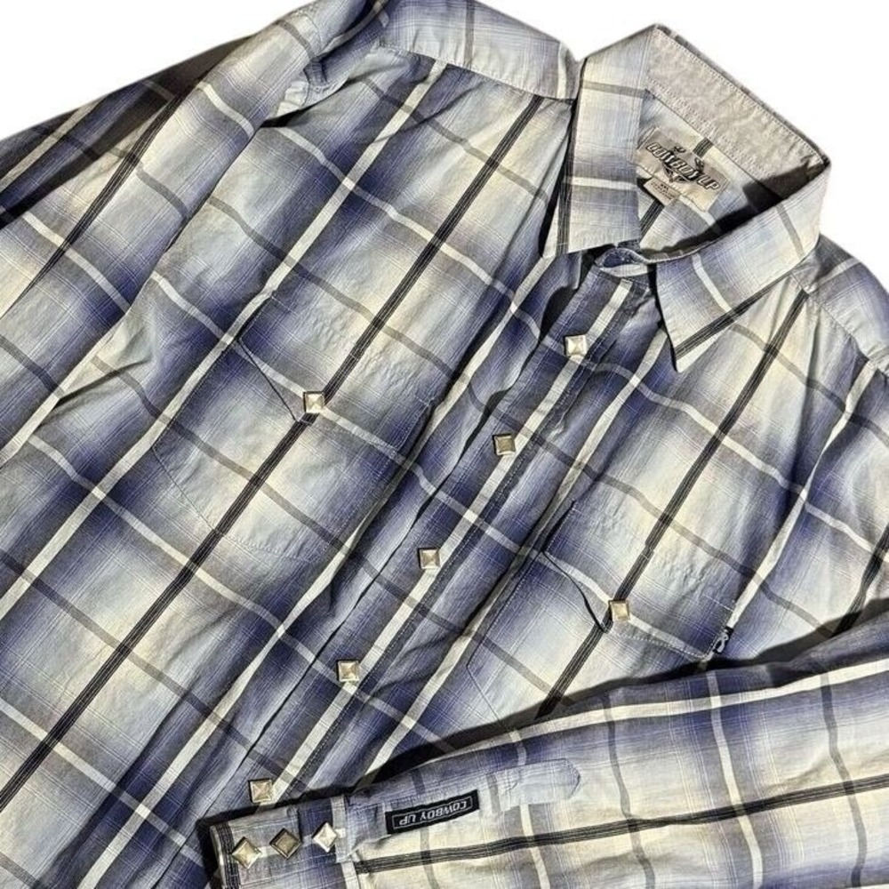 Cowboy Up Western Shirt Men XXL Blue Plaid Diamond Pearl Snap Long Sleeve Rodeo